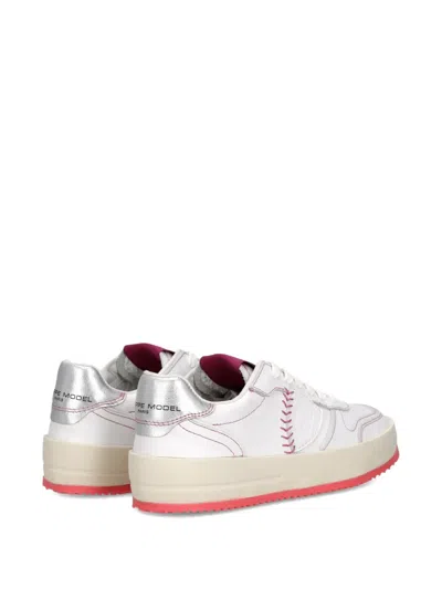Philippe Model Low Leather Sneakers With Fluorescent Heel Tab In White