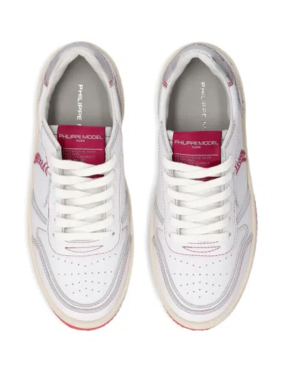 Philippe Model Low Leather Sneakers With Fluorescent Heel Tab In White
