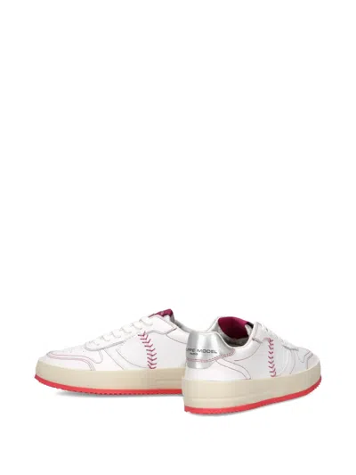 Philippe Model Low Leather Sneakers With Fluorescent Heel Tab In White
