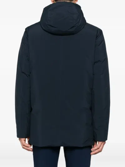 Woolrich Relaxed-fit Hooded Coat With Button Closure And Multiple Pockets In Blue