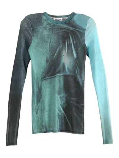 Jean Paul Gaultier Crew Neck Sheer Abstract Print Top In Blue