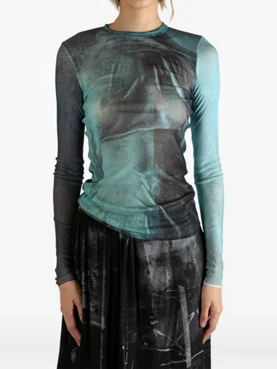 Jean Paul Gaultier Crew Neck Sheer Abstract Print Top In Blue