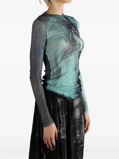 Jean Paul Gaultier Crew Neck Sheer Abstract Print Top In Blue