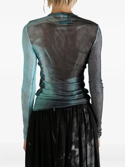 Jean Paul Gaultier Crew Neck Sheer Abstract Print Top In Blue