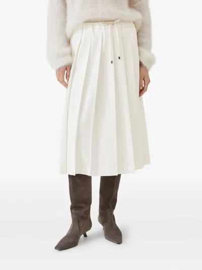 Brunello Cucinelli Women Techno Virgin Wool Canvas Pleated Track Skirt In White
