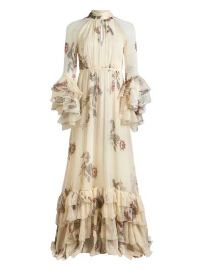 Etro Tiered Tie-neck Floral-print Silk-crepon Maxi Dress In Neutral