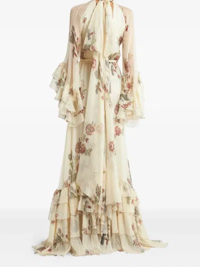 Etro Tiered Tie-neck Floral-print Silk-crepon Maxi Dress In Neutral