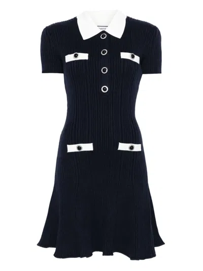 Self-portrait Mini Knitted Dress With Contrasting Collar In Blue