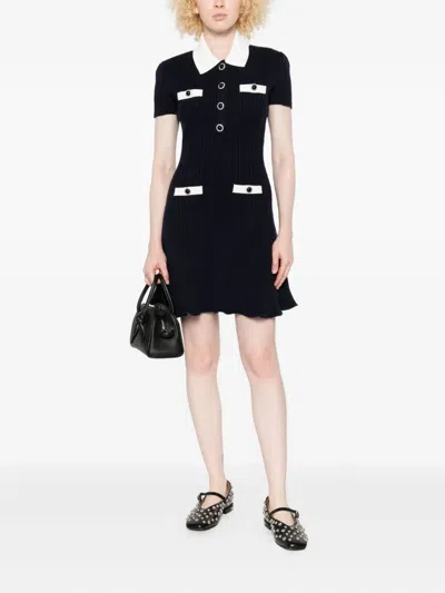 Self-portrait Mini Knitted Dress With Contrasting Collar In Blue