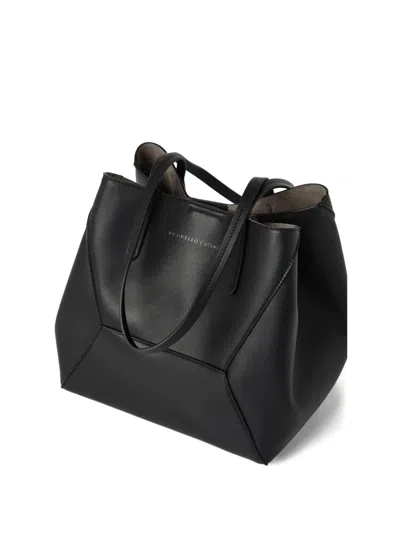 Brunello Cucinelli Geometric Panel Structured Tote Bag With Detachable Pouch In Black