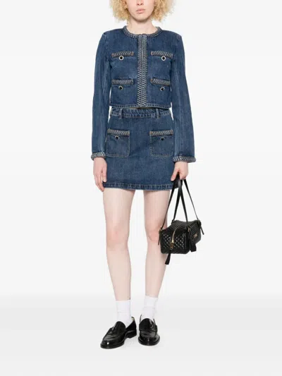 Self-portrait Braided-trim Denim Jacket In Blue