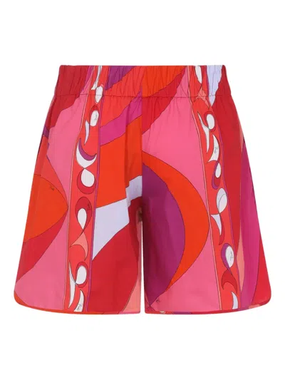 Pucci Geometric Design Cotton Shorts With Elastic Waistband In Red