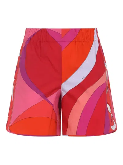 Pucci Geometric Design Cotton Shorts With Elastic Waistband In Red