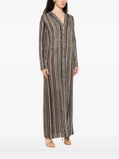 Missoni Long Dress With V-neck And Herringbone Stripe Knit In Multi