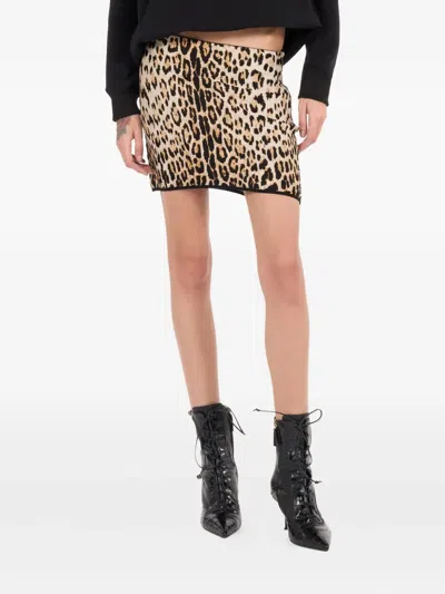 Roberto Cavalli Animal Print High Waist Fitted Skirt In Brown