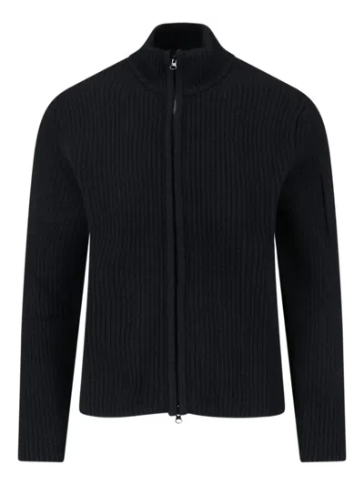 C.p. Company Ribbed Zip-up Knitwear With High Collar And Front Zipper In Black