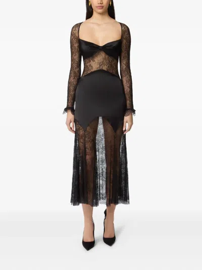 Nina Ricci Open Neck And Long Sleeves In Lace And Satin Long Dress In Black