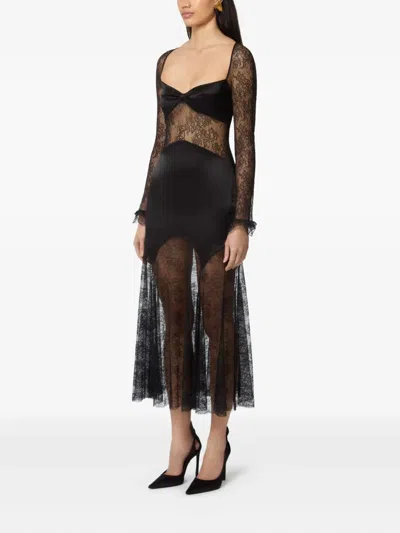 Nina Ricci Open Neck And Long Sleeves In Lace And Satin Long Dress In Black