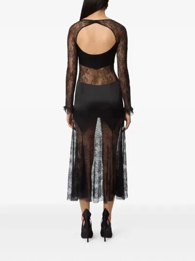 Nina Ricci Open Neck And Long Sleeves In Lace And Satin Long Dress In Black