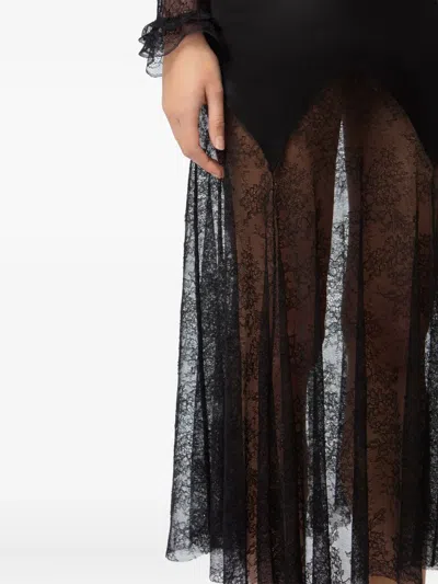 Nina Ricci Open Neck And Long Sleeves In Lace And Satin Long Dress In Black