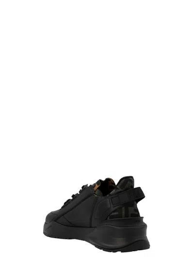 Fendi Men Leather Flow Sneakers With Ff Jacquard Fabric Inserts In Black