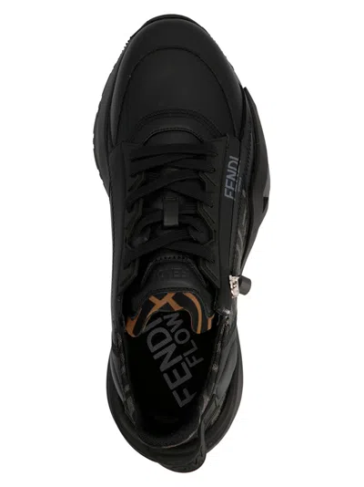 Fendi Men Leather Flow Sneakers With Ff Jacquard Fabric Inserts In Black