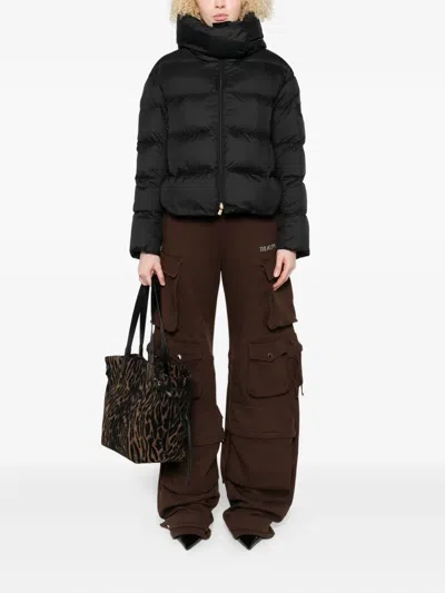 Pinko Cropped Navy Blue Quilted Coat With High Neck And Logo Patch In Black