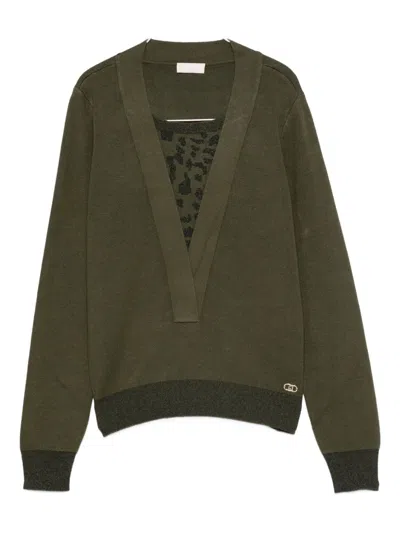 Liu •jo V-neck Patterned-insert Sweater In Green