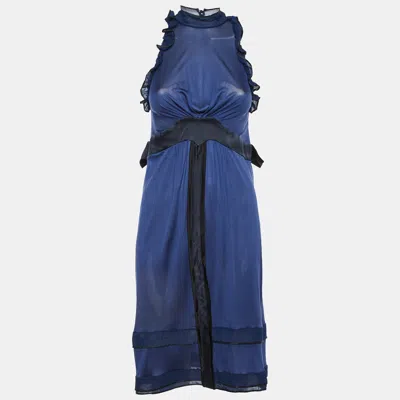 Pre-owned Balenciaga Navy Blue Silk Knit Ruffle Knit Mini Dress M