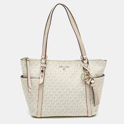 Pre-owned Michael Kors White/pink Signature Coated Canvas Medium Sullivan Tote