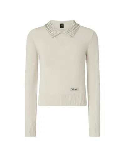 Pinko Sweater With Collar And Rhinestones In Neutral