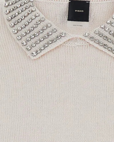 Pinko Sweater With Collar And Rhinestones In Neutral