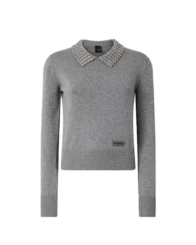 Pinko Sweater With Collar And Rhinestones In Gray