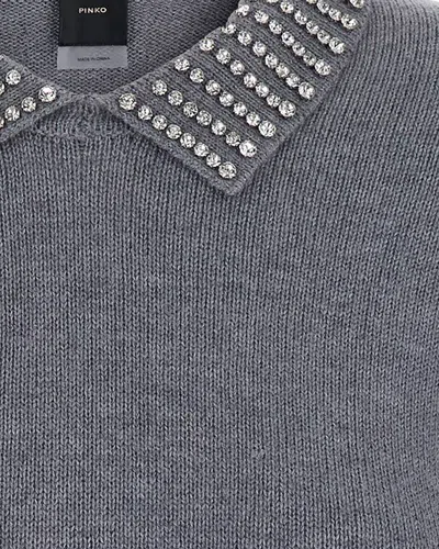 Pinko Sweater With Collar And Rhinestones In Gray