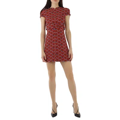 Versace Ladies La Greca Monogram Print Belted Wool Mini Dress In Red