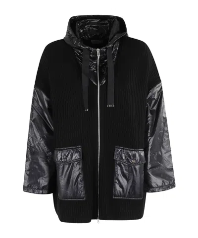 Herno Ribbed Wool Cape With Drawstring Hood And Contrasting Sleeves In Black