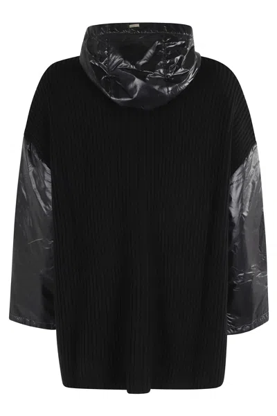 Herno Ribbed Wool Cape With Drawstring Hood And Contrasting Sleeves In Black