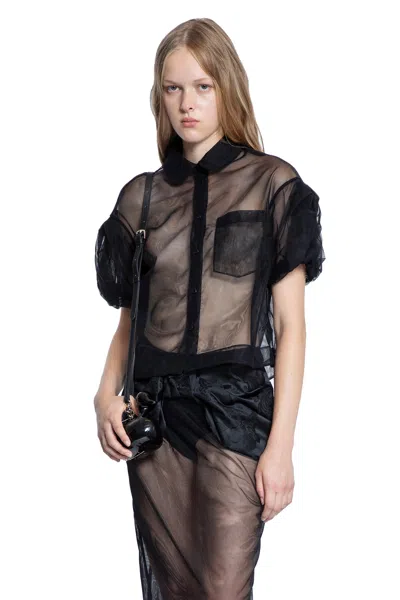 Simone Rocha Sheer Cropped Puff Bow Sleeve Shirt In Black