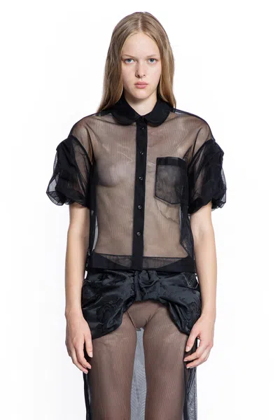 Simone Rocha Sheer Cropped Puff Bow Sleeve Shirt In Black