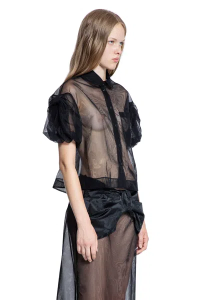 Simone Rocha Sheer Cropped Puff Bow Sleeve Shirt In Black