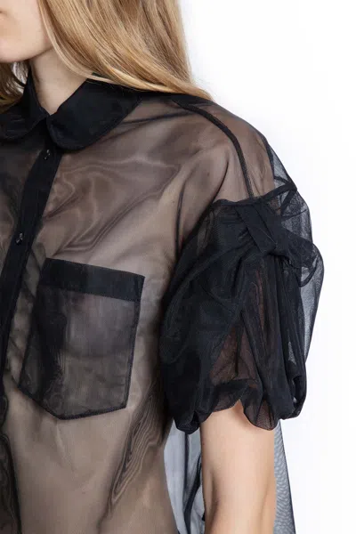 Simone Rocha Sheer Cropped Puff Bow Sleeve Shirt In Black