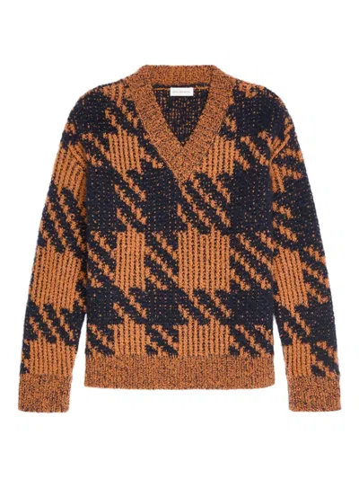 Dries Van Noten Textured Knit V-neck Long Sleeve Sweater In Brown