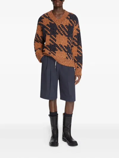 Dries Van Noten Textured Knit V-neck Long Sleeve Sweater In Brown
