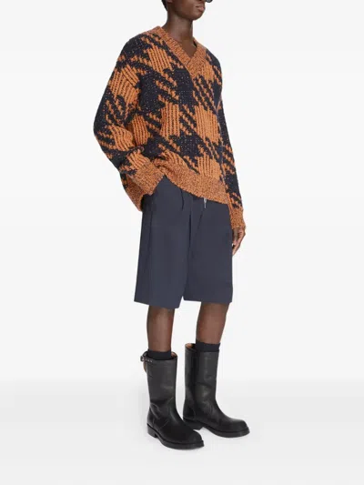 Dries Van Noten Textured Knit V-neck Long Sleeve Sweater In Brown