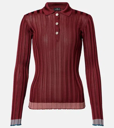 Etro Ribbed Viscose Polo Shirt In Burgundy
