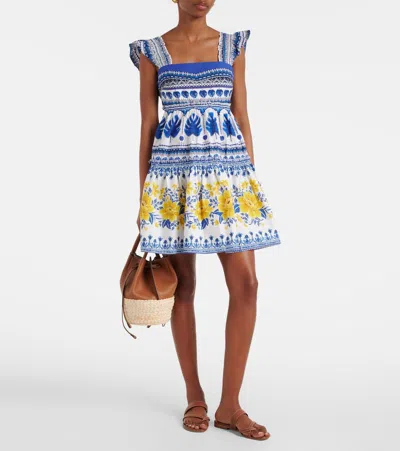 Farm Rio Zuli Organic Cotton Mini Dress In Off-white In Blue