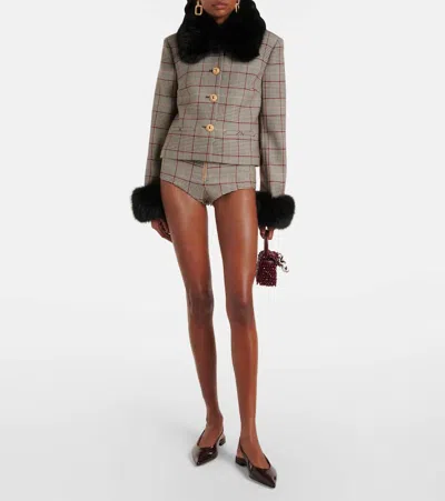 Self-portrait Womens Brown Check-print Faux-fur Wool-blend Jacket In Brown