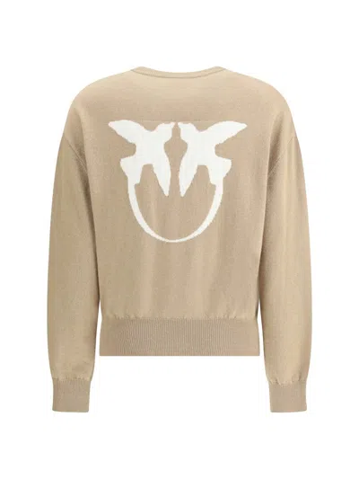 Pinko Crew Neck Knitwear Sweater With Logo Detail In Brown