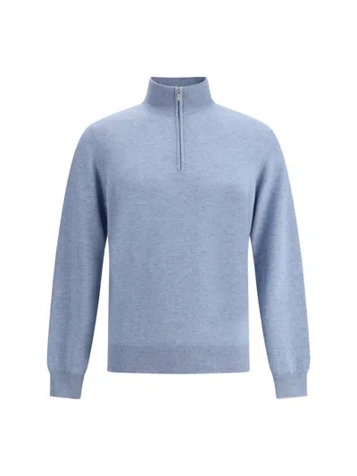 Brunello Cucinelli Half-zip Cashmere Sweater With Contrast Details In Blue