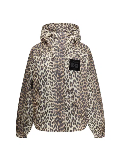 Ganni Leopard Raincoat Jacket In Brown